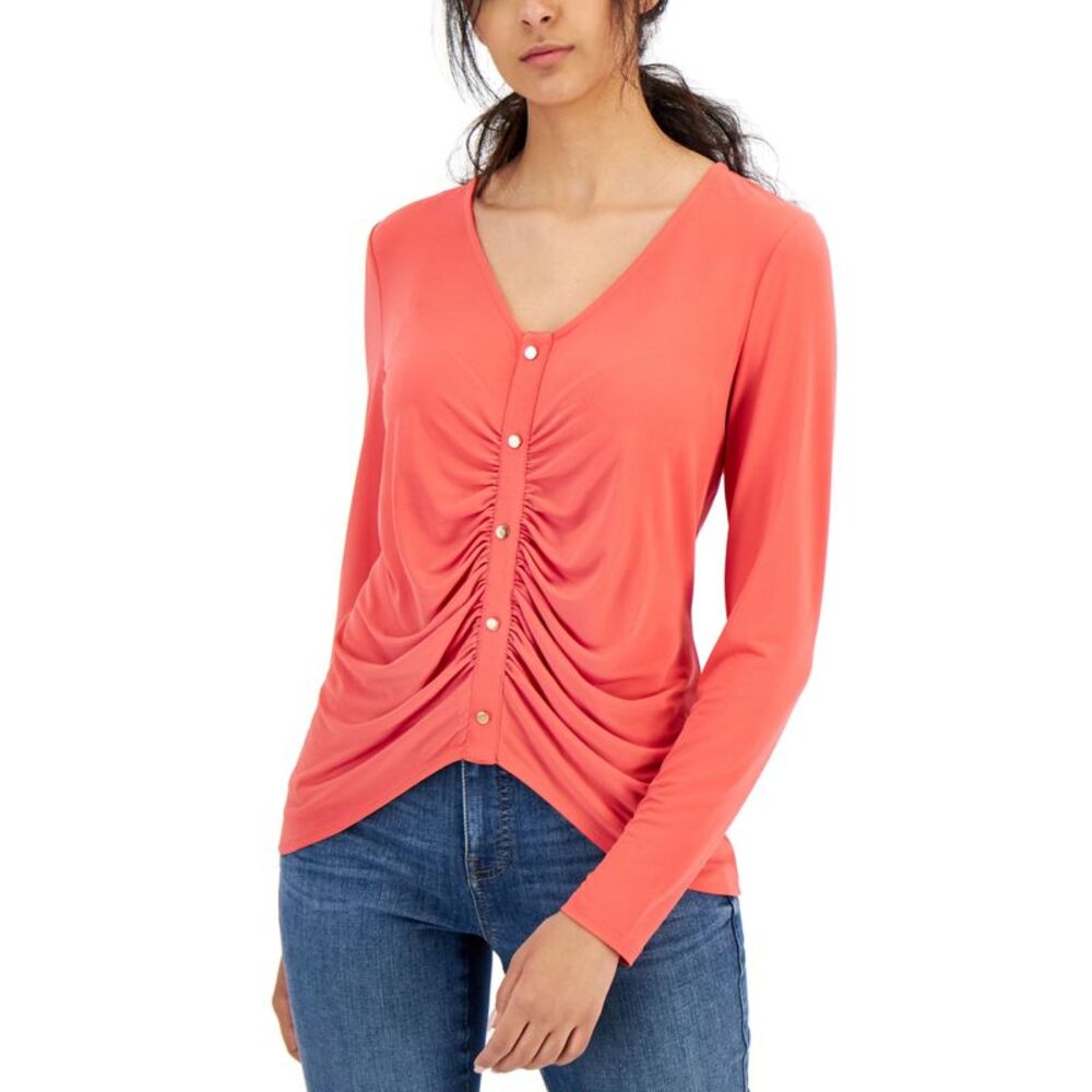 INC International Concepts Womens Ruched Button Detail Long Sleeve Top